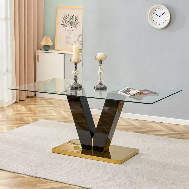Table de salle à manger rectangulaire en verre, plateau en verre trempé, support en forme de V, L 71 po x l 39,37 po, 30"