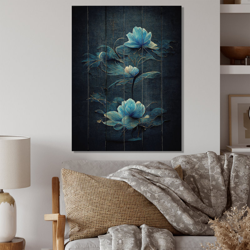 Fleurs rétro bleu clair chinois II - reproduction sur toile, H 32 po x l 24 po x P 1 po, Bois