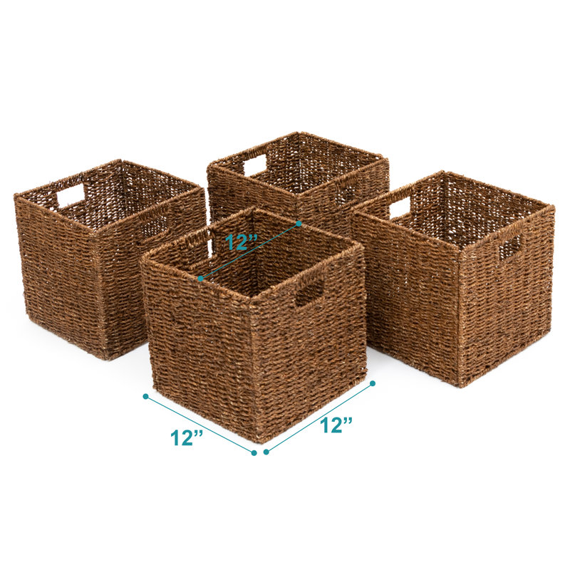 Walnut Brown Foldable Paper Rope Storage Baskets with Iron Frame, Set of 4