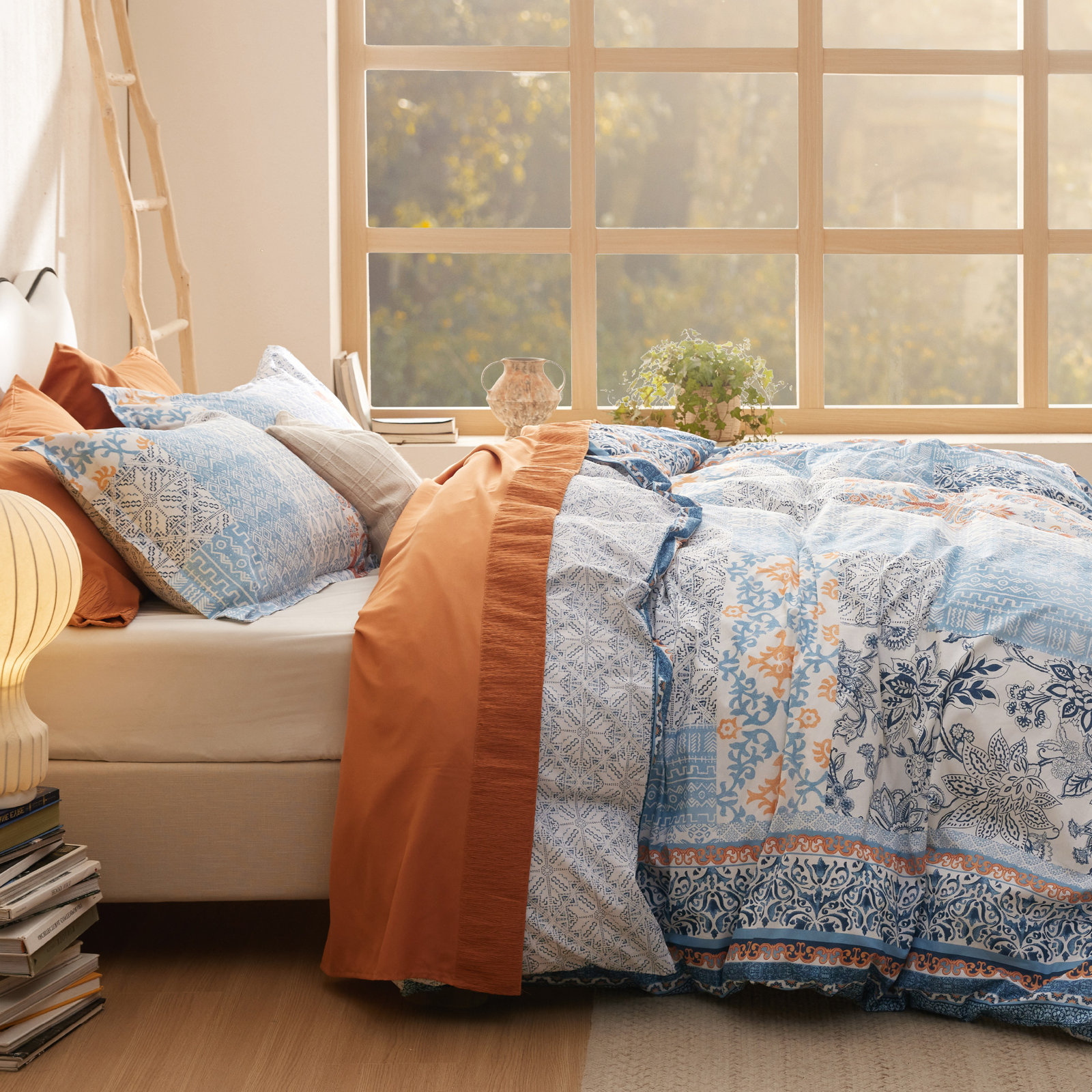Cotton Duvet Cover Set, King Duvet Cover + 2 King Shams, Blue/Orange Damask