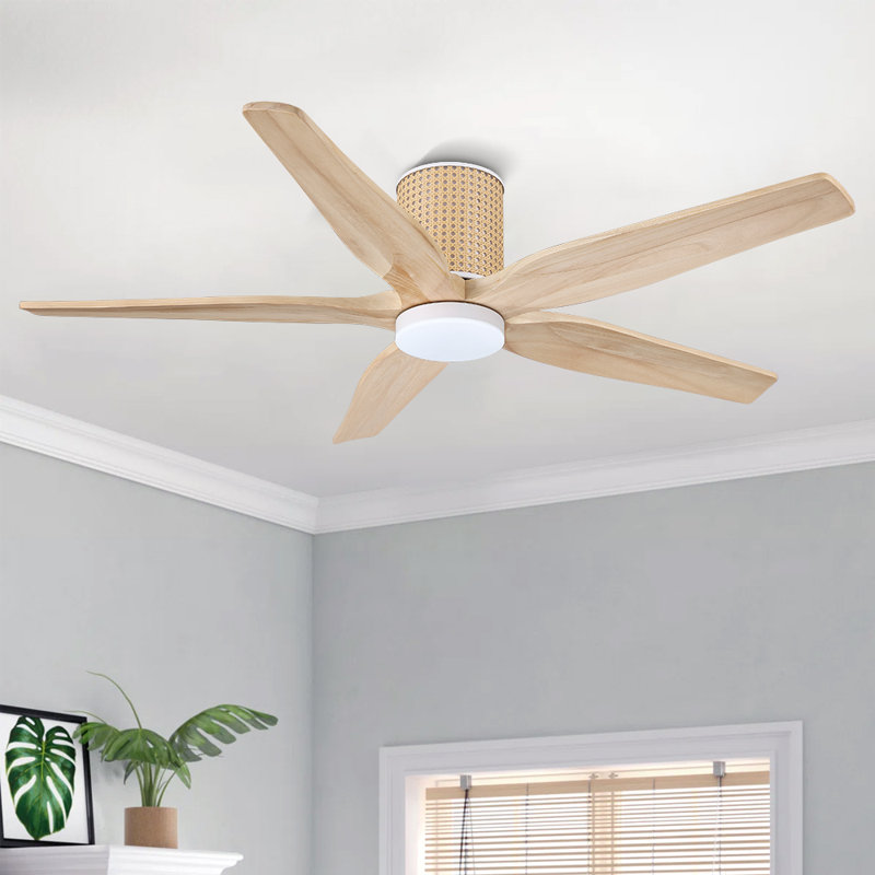 54'' 5 Blades Flush Mount Ceiling Fan With Light Solid Wood Blades Remote Quiet Reversible DC Motor Natural Wood Blades