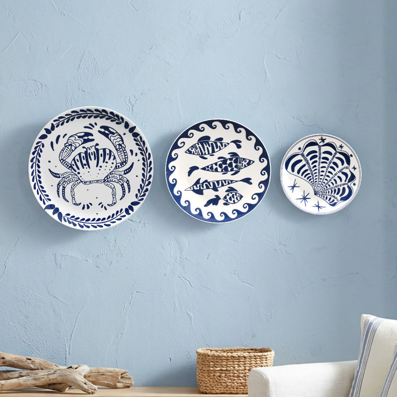 American Art Decor Blue & White Coastal Ceramic Wall Plate Set - 3pc