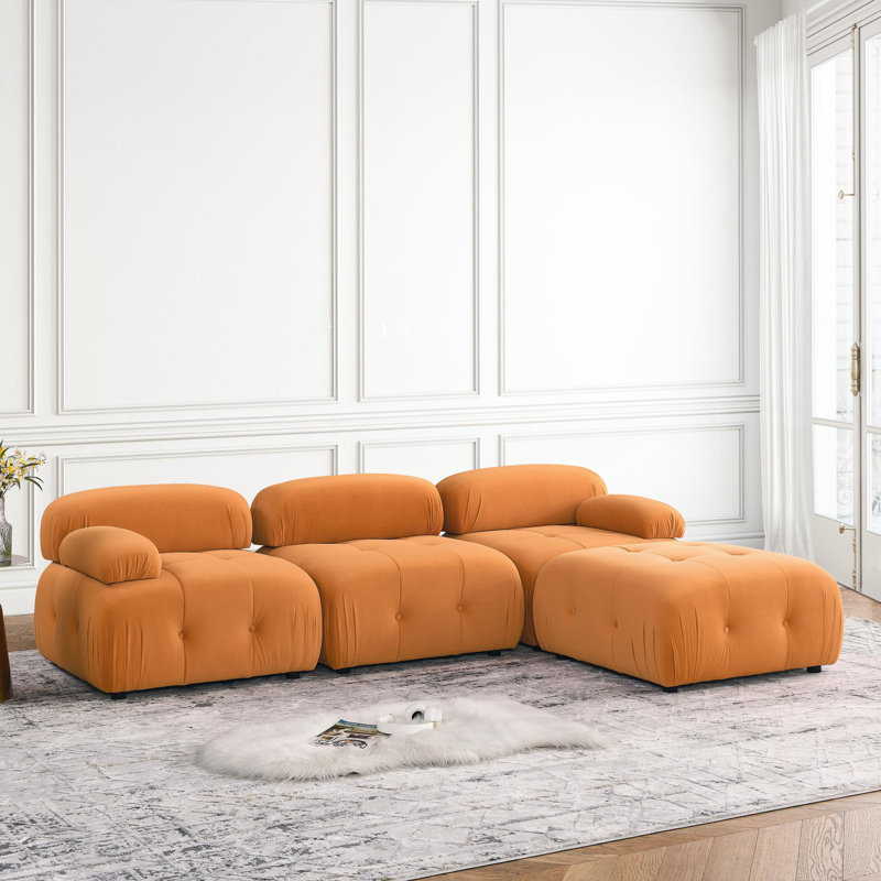 Modular Sectional Sofa, Button Tufted Designed and DIY Combination,L Shaped Couch with Reversible Ottoman, Ivory Teddy Fabric