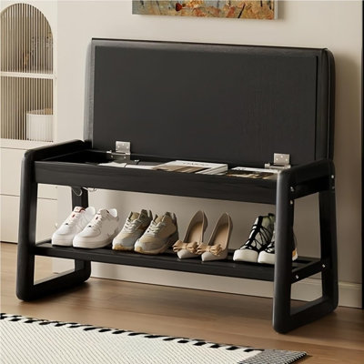 Banc à chaussures en bois massif, bancs de rangement en bois à 2 niveaux pour hall d'entrée, banc de style moderne Mid-Century, avec coussin en similicuir rembourré pour le couloir, le salon (blanc, 31,4 po x 13,3 po x 16,5 po) (80 cm)