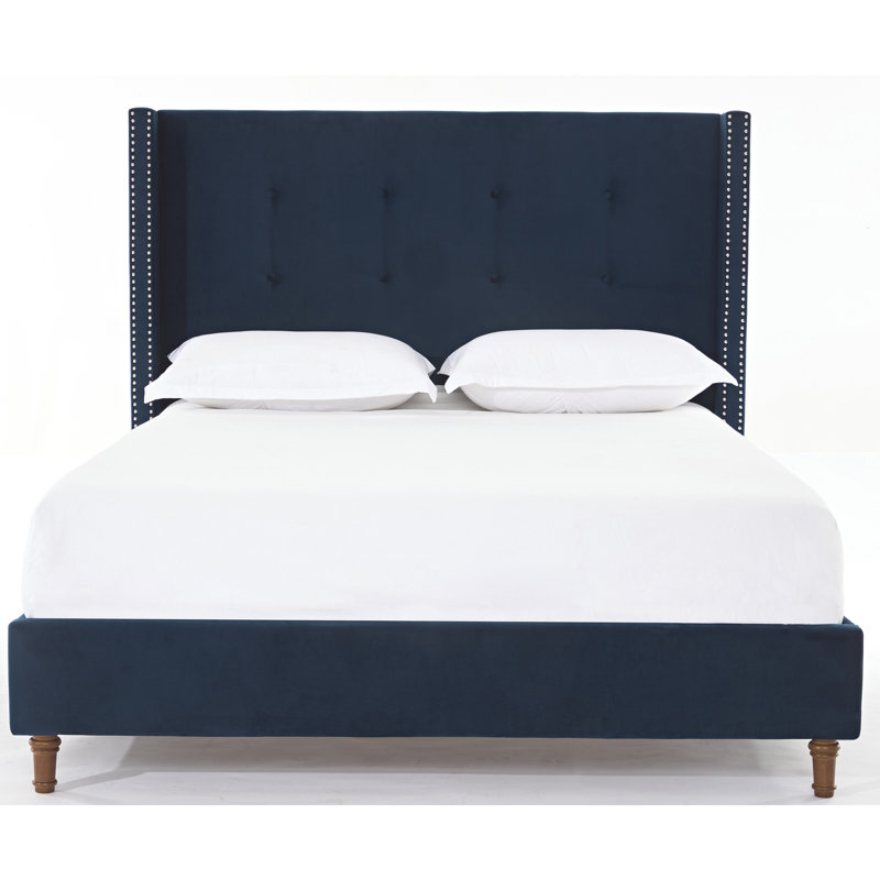 Peyton Upholstered King Bed with 54" Tall Tufted Headboard, Nailhead Trim Wingback, No Box Spring Needed, Blue Velvet, Blue