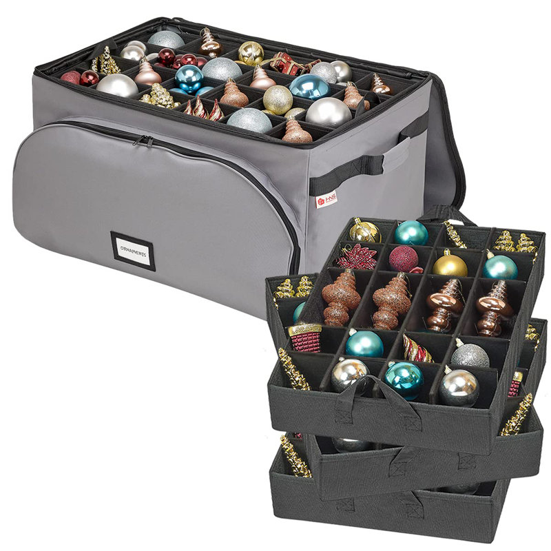 Boîte de rangement d'ornement de Noël pouvant contenir des ornements de 72 à 4 pouces avec 3 plateaux individuels, Gris