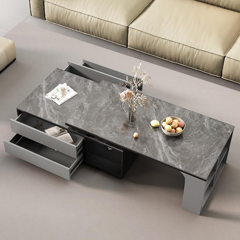 New retractable simple rock plate tea table, Gray/Black