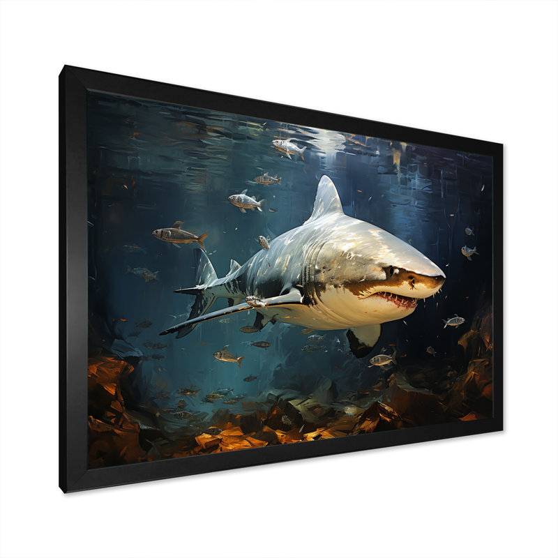 Requin sous l'eau II - Sharkwall Art, Cadre d'angle fermé noir, H 24 po x l 32 po x P 1 po