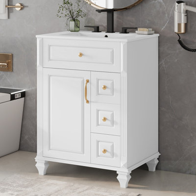 Meuble-lavabo autoportant avec lavabo en céramique, tiroir escamotable, rangement en bois massif et panneau de fibres à densité moyenne