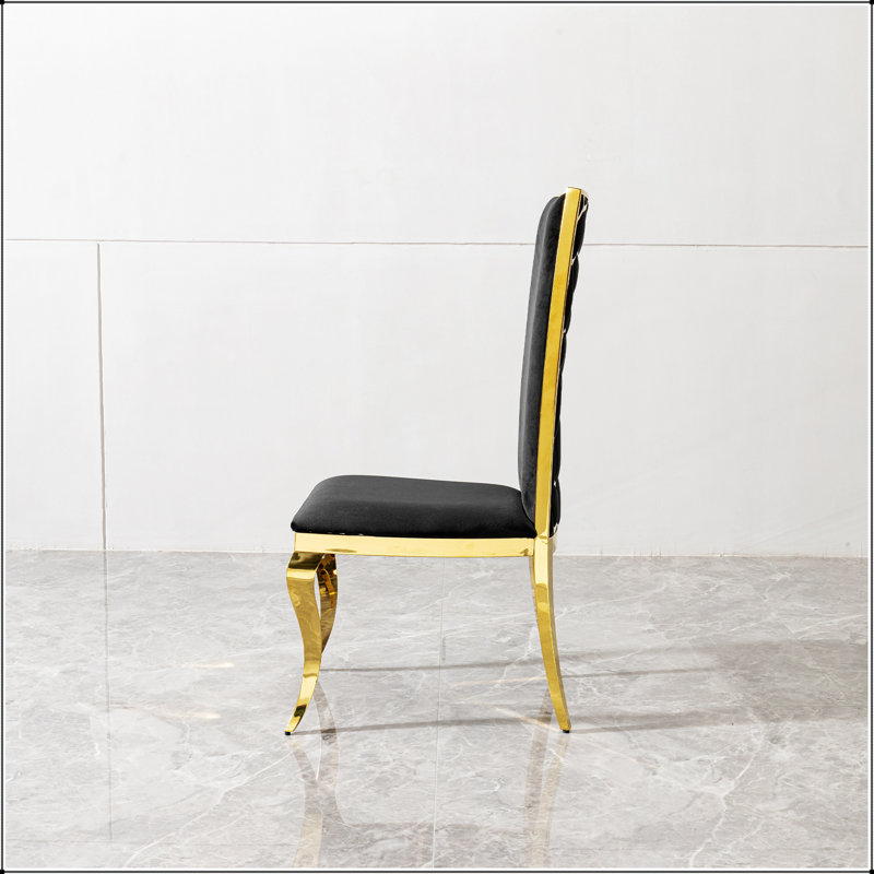 Chaise de salle à manger en velours noir avec dossier au design unique, ensemble de 2, pieds en acier inoxydable doré miroir