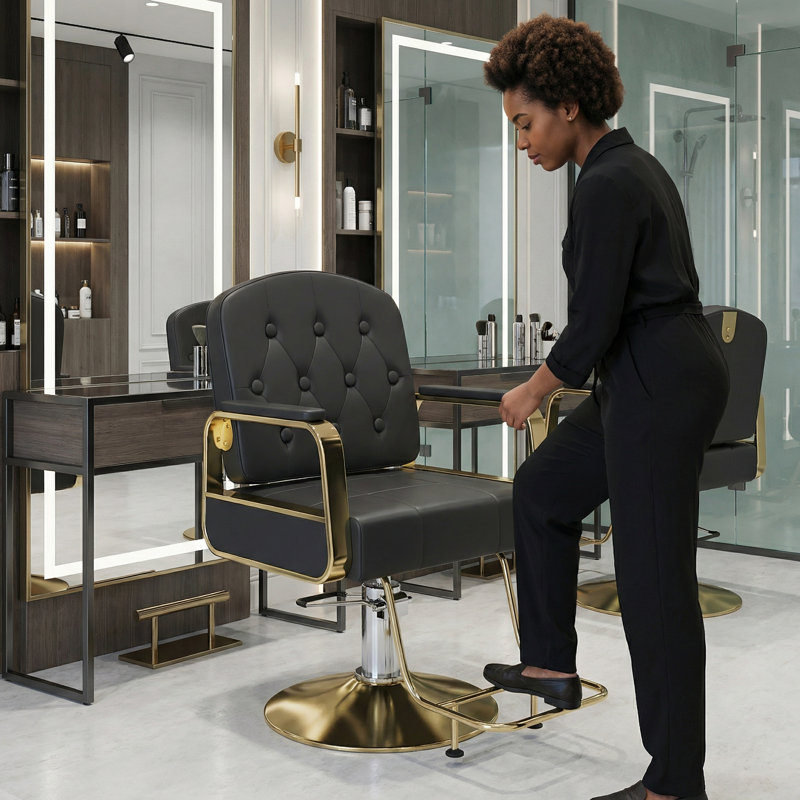 Fauteuil de coiffeur hydraulique avec rotation à 360 ° - Fauteuil de style professionnel avec pompe à air, conception non inclinable, noir et or (unité unique)