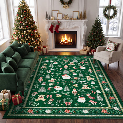 Grand tapis de Noël lavable de 2,44 m x 3,05 m, antidérapant, à poils courts et doux, pliable, résistant aux taches, pour salon et salle à manger.
