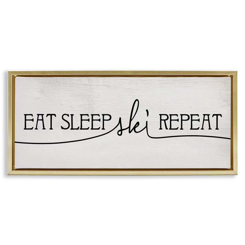 «Eat Sleep Ski Répétition», Cadre flottant métallique doré, H 14 po x l 31 po