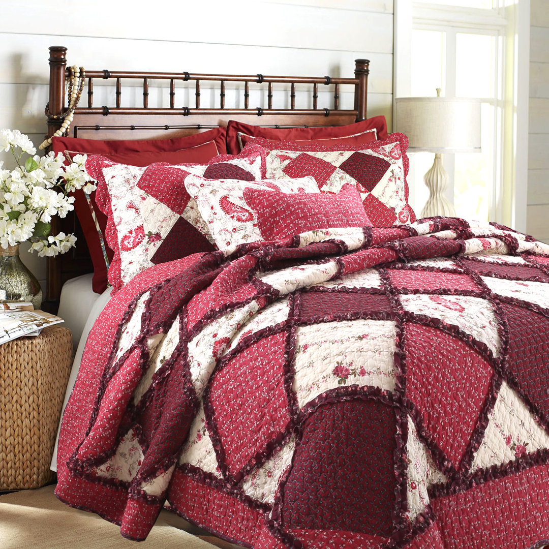  Red Cotton Reversible Farmhouse / Country Quilt Set Cozy Line Home Fashion 
