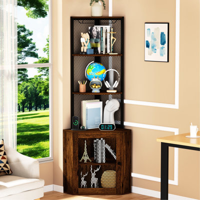 65" Corner Cabinet With Shelves, 6 Tier Display Shelf & Magnetic Door Catch, Freestanding For Kitchen, Bedroom Rustic Brown Doors, Storage Shelves Stable Platform, Balcony