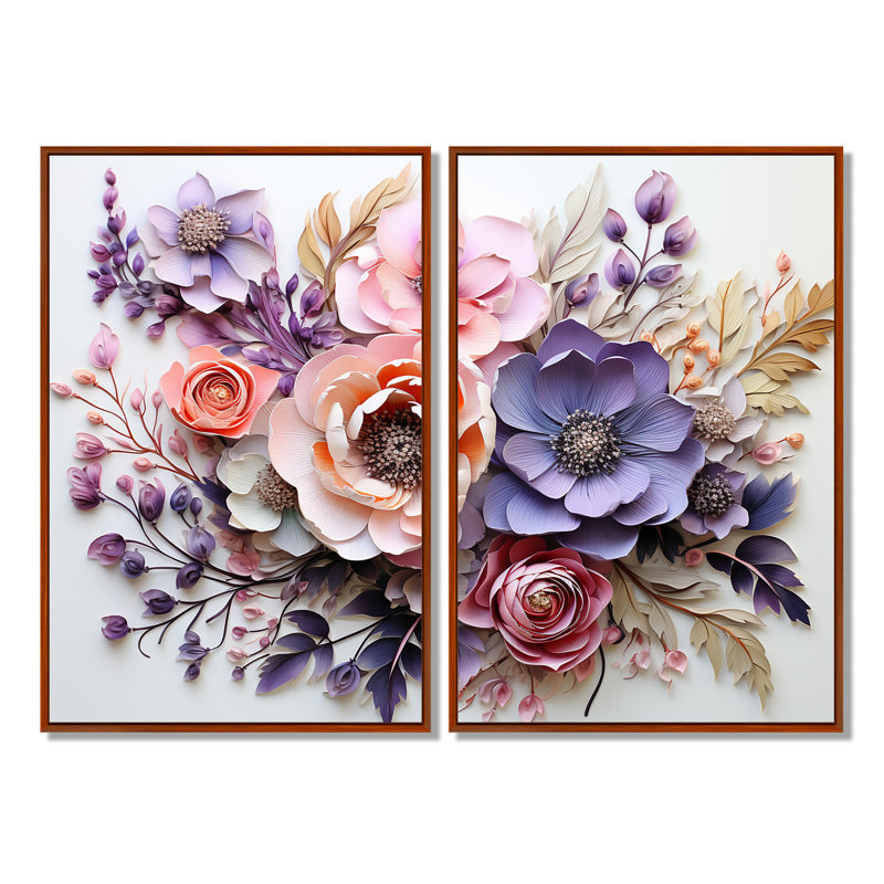 Delicate Florals, ensemble de 2 peintures murales traditionnelles sur toile, H 36 po x l 48 po, Brun