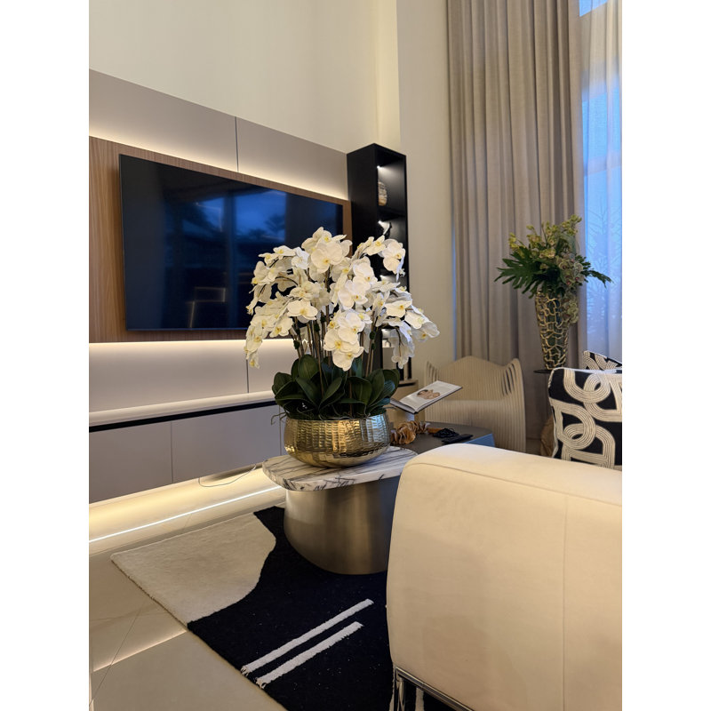 Roberi bowl with multiple stems of white Phalaenopsis orchids, Blue, 30" H x 22" W x 22" D