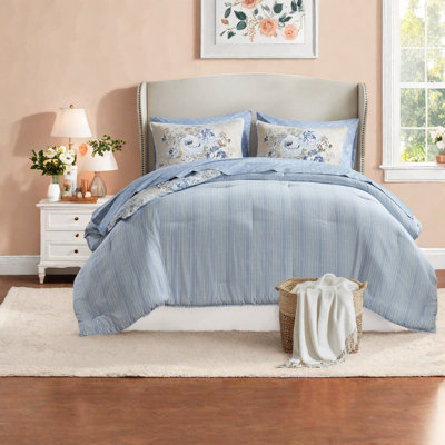 Ensemble de literie pour lit simple TG 5 pièces d'inspiration rétro, motif floral bleu beige