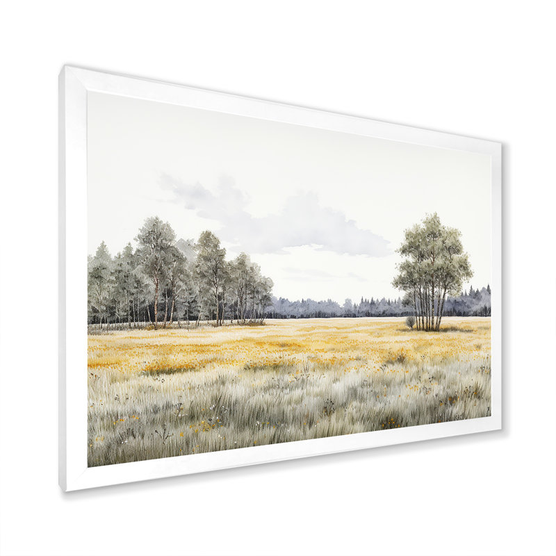 «Meadow Scenery Minimalisme II», reproduction sur toile, Cadre simple blanc, H 24 po x l 32 po x P 1 po