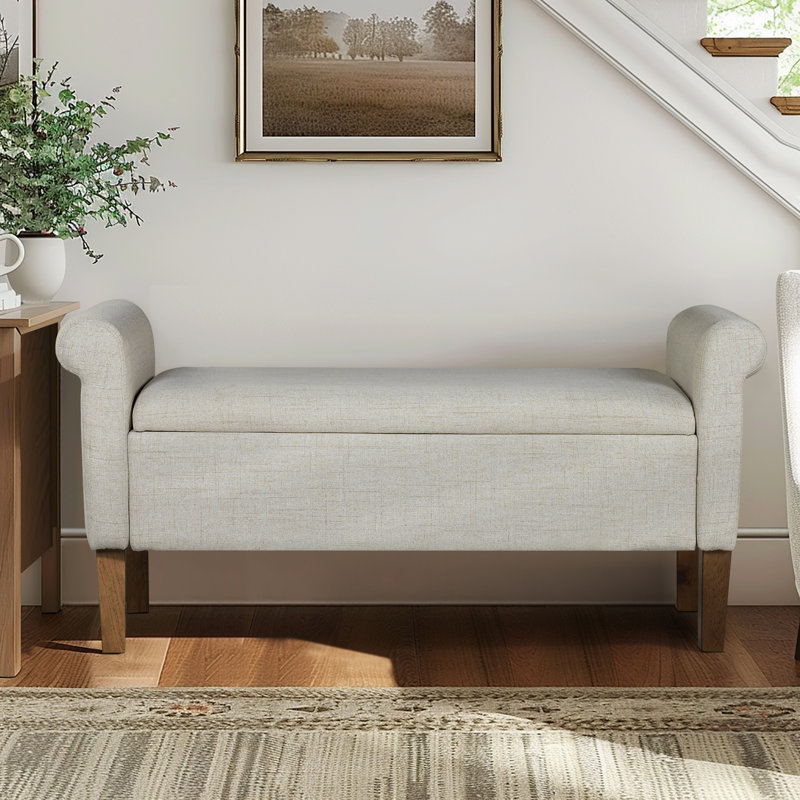 Natural Upholstered Storage Bench with Rolled Armrests