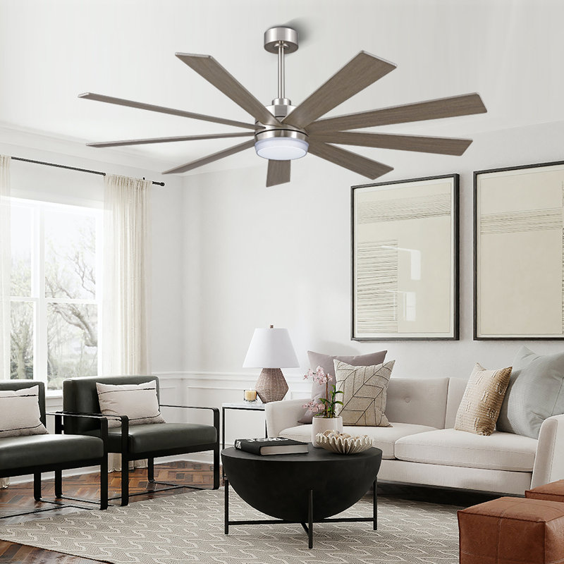 Babrak 65'' Ceiling Fan with LED Lights, Nickel with Wood Grain Blades