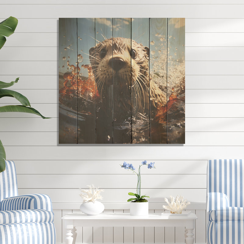 Swimming Adventure Portrait Of An Otter - Otter On Wood Print, 25" H x 25" W