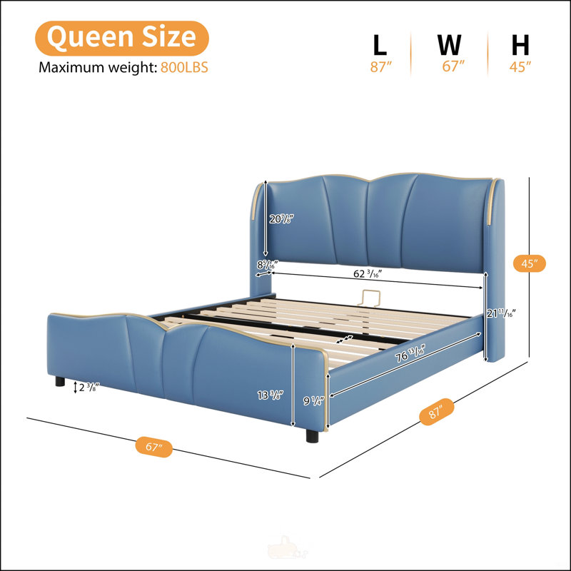 Base de lit rembourrée en cuir pour grand lit, Bleu antique, Grand lit
