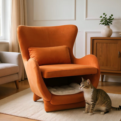 Méridienne orange de style Mid-Century avec texture douce, espace ergonomique et confortable pour l'aménagement du salon avec accoudoirs simples en velours moderne, construction intérieure confortable
