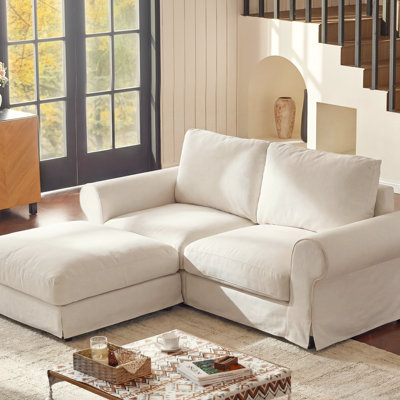 2-Seat Upholstered Loveseat with Ottoman, Rolled Arms and Skirted Base, White