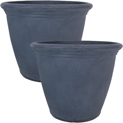 Kristie Round Gray Polyresin Outdoor Planter Pot with a Weather-Resistant Finish - Set of 2