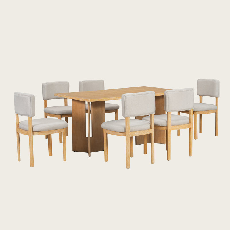 Farmhouse Wood Dining Table Set For 6 With Upholstered Chairs, 60" Rectangular Kitchen & Dining Room Table Set With Cutout Legs
