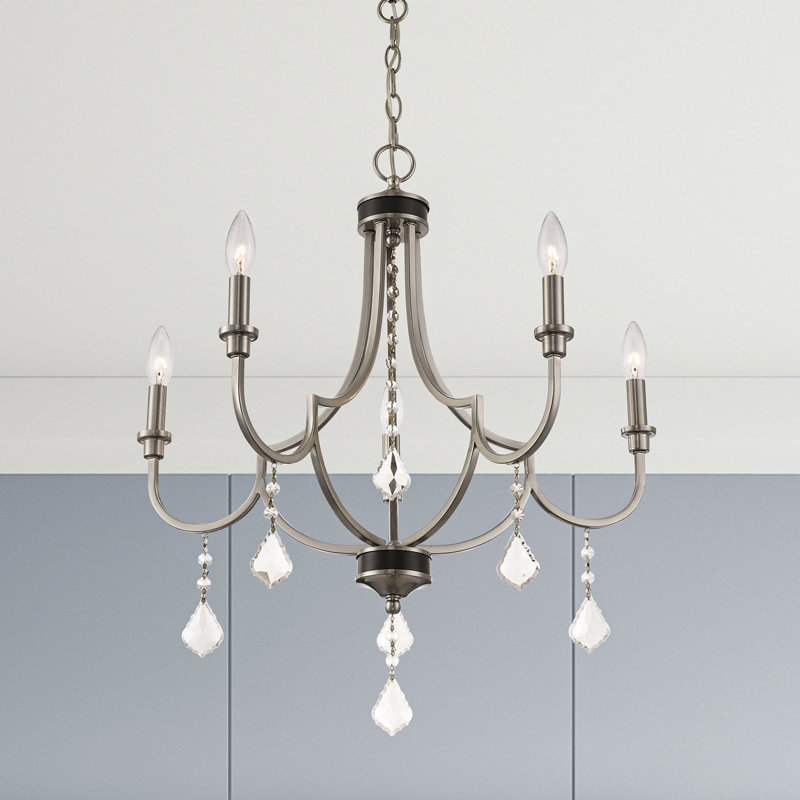 5-Light Empire Candle Chandelier with Dedric Crystal Details, Nickel brossé