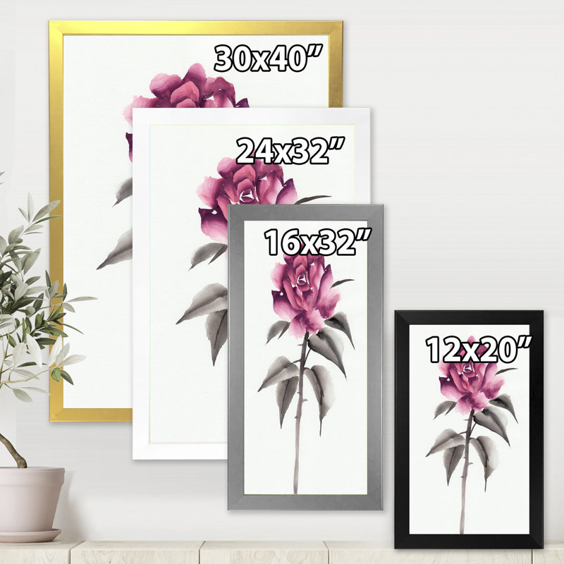 Fleur rose rétro - peinture sur toile, Toile avec cadre argenté, H 32 po x l 24 po x 1,5 po