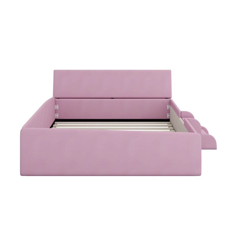 Velvet Upholstered Daybed With Stairs & Gas Lift Storage Ottoman, Contrast Color Day Bed With Padded Guardrails, Full
