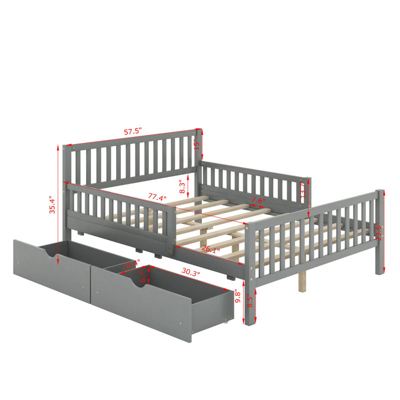 Lit plateforme en bois avec garde-corps et tiroirs, Lit double, Gris