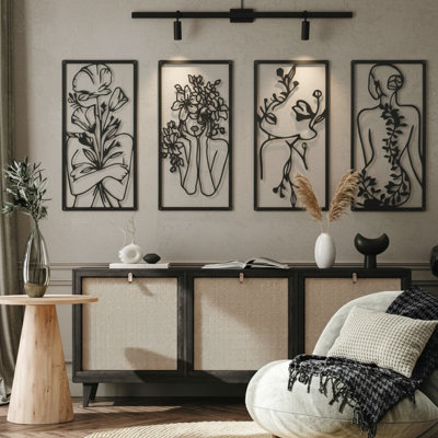Abstract Figure Line Metal Wall Art Set - 4 Piece Black Geometric Decor