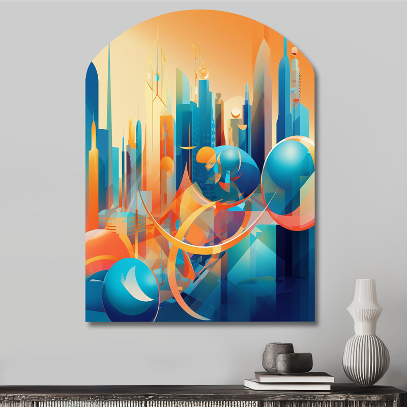 «Blue and Orange Retro Radiance I - Arch City», art mural art déco, sculpture murale asymétrique en métal