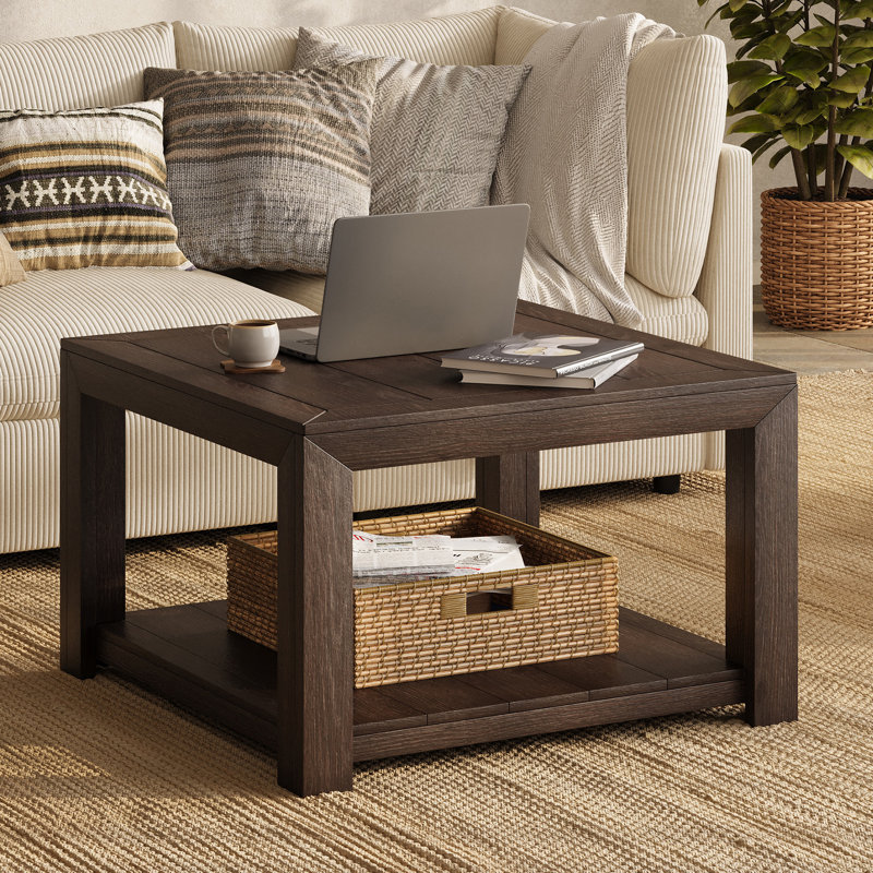 31.5" Square Solid Wood Coffee Table, Mid Century Modern Center Table with 2-Tier Storage for Living Room, Dark Brown