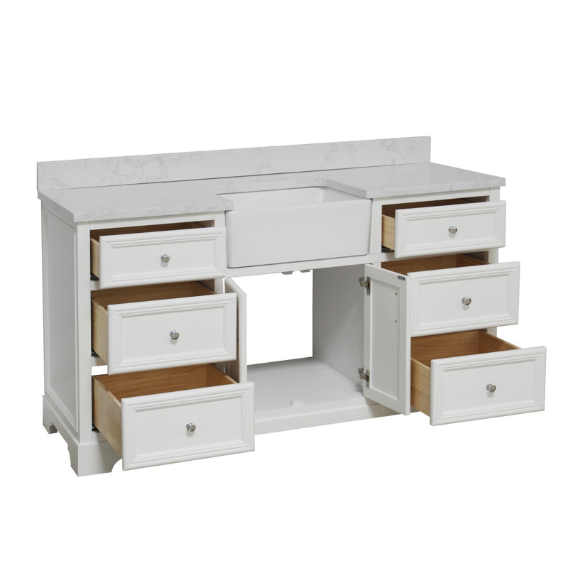 Ensemble de meuble-lavabo simple 60 po Emiliano, Blanc, Carrara d'ingénierie