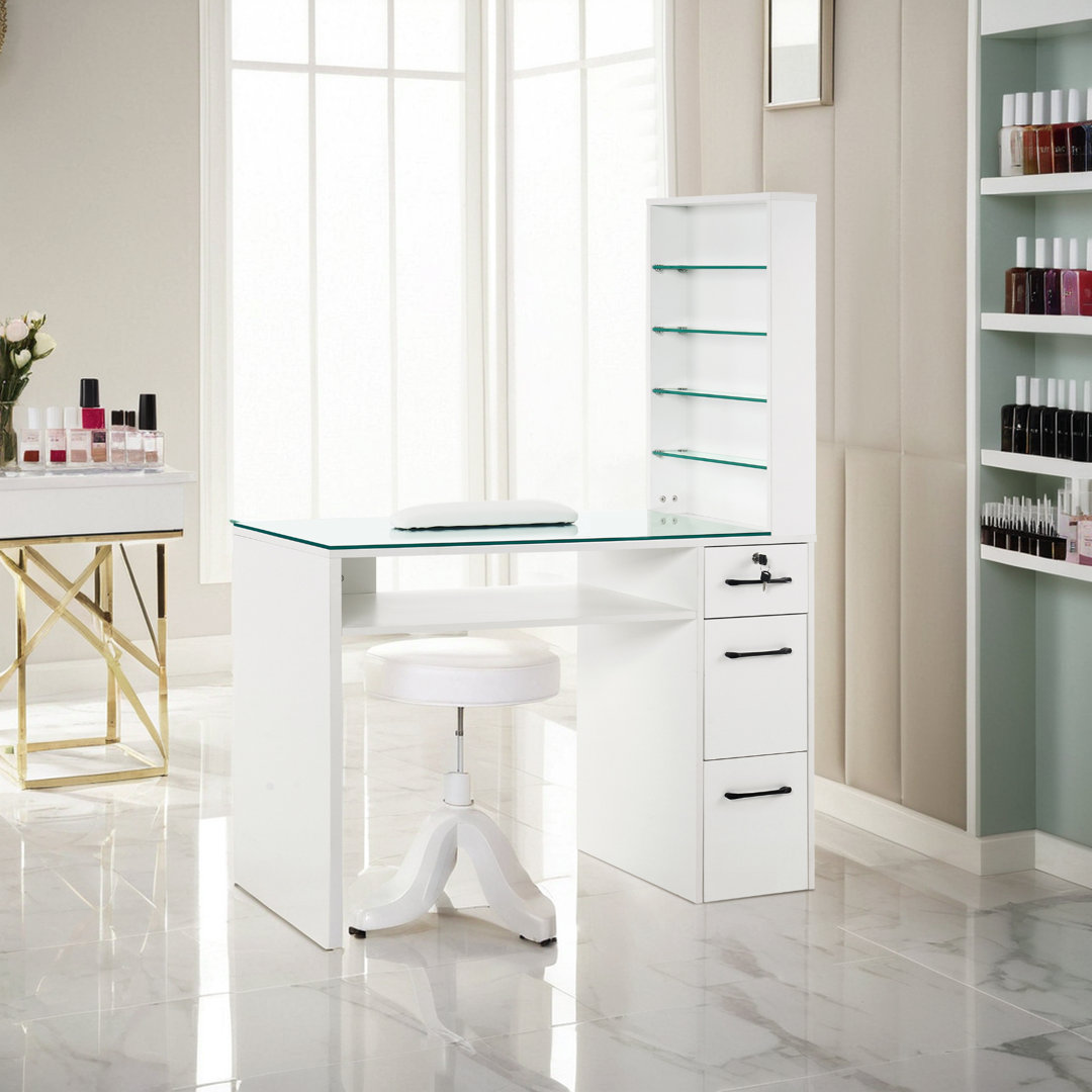Classic Nail Desk with Glass Table Top, Glass Shelves and Lockable Drawer, Vanity Makeup Desk Orren Ellis 