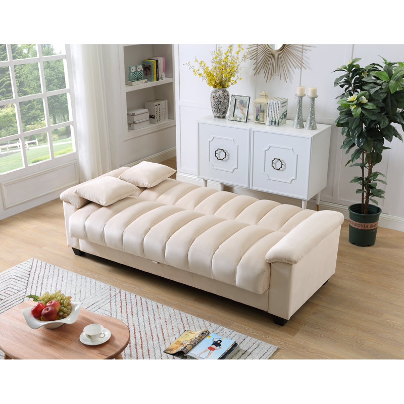 Canapé-lit double en velours avec rangement Biscuit, Velours beige, H 33,75 po x l 82,7 po x P 45,25 po