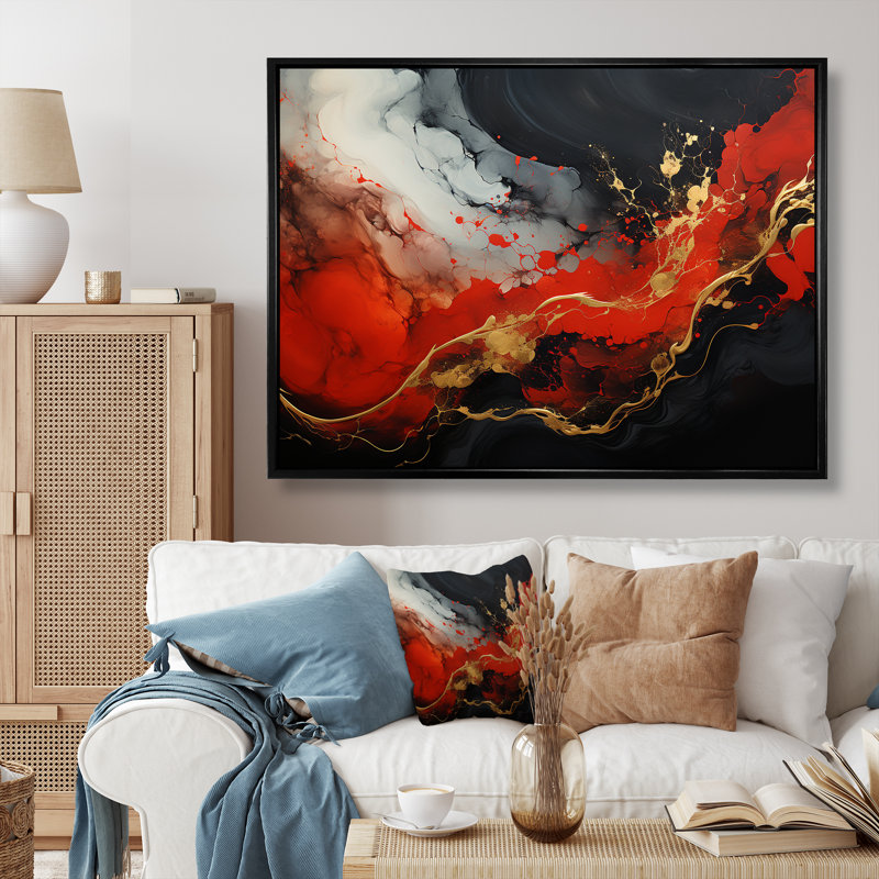 Rouge et or feu de marbre II - peinture abstraite, art mural, Cadre flottant noir, H 12 po x l 20 po x P 1 po