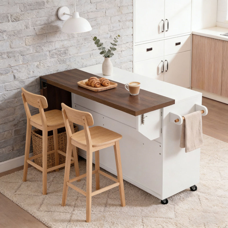 102.3" Kitchen Island with Extendable Dining Table, Kitchen Rolling Island Cart with Trash Storage Cabinet, White