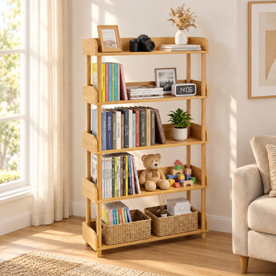 Bibliothèque autoportante à 5 niveaux avec tablettes de rangement ouvertes et pieds en bois massif
