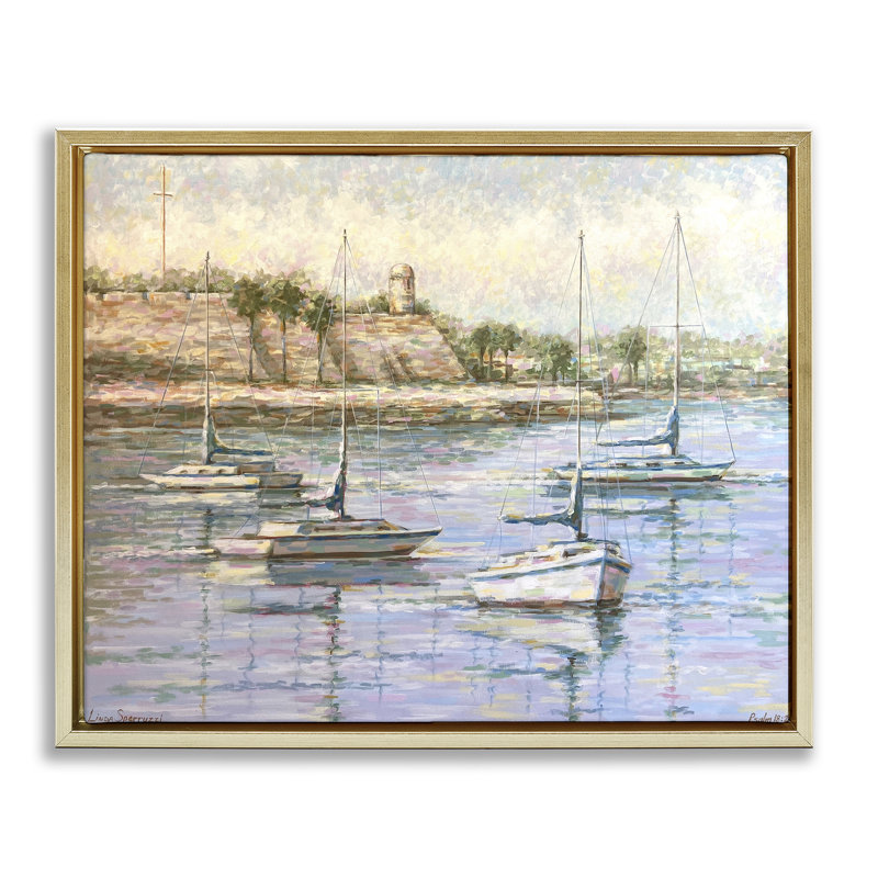 «The Mighty Fortress and Boats Floater», art mural par Linda Sperruche, H 17 po x l 21 po, Cadre flottant métallique doré