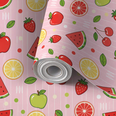 Peel and Stick Wallpaper Contact Paper red apples seamless Whole apples slices leaves pink white striped Self Adhesive and Removable 24in x 118in(60x300cm)