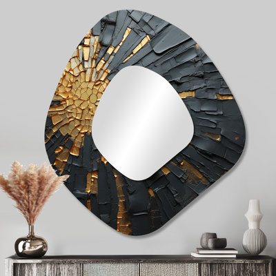 Noir et doré méditation abstraite II - Art abstrait en métal - Miroir mural moderne asymétrique