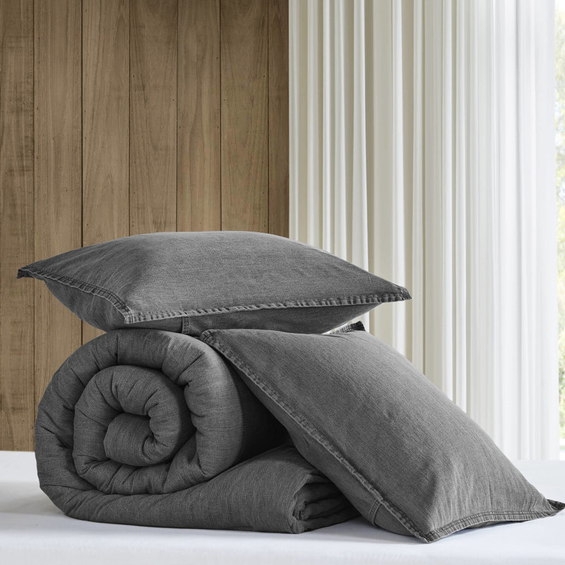 Édredon pour lit simple / simple TG 2 pièces en gris, 100% coton sergé délavé, douceur, tout, design polyvalent pour tout décor, standard 100, coton surdimensionné, sensation douillette, élégance intemporelle,