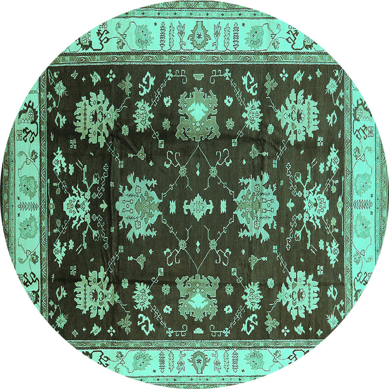 Tapis oriental en laine / polyester tissé à la machine en turquoise / noir, Rond 7 pi