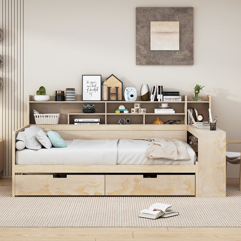 Multi-functional Storage Platform Bed With Desk, Full, Natural
